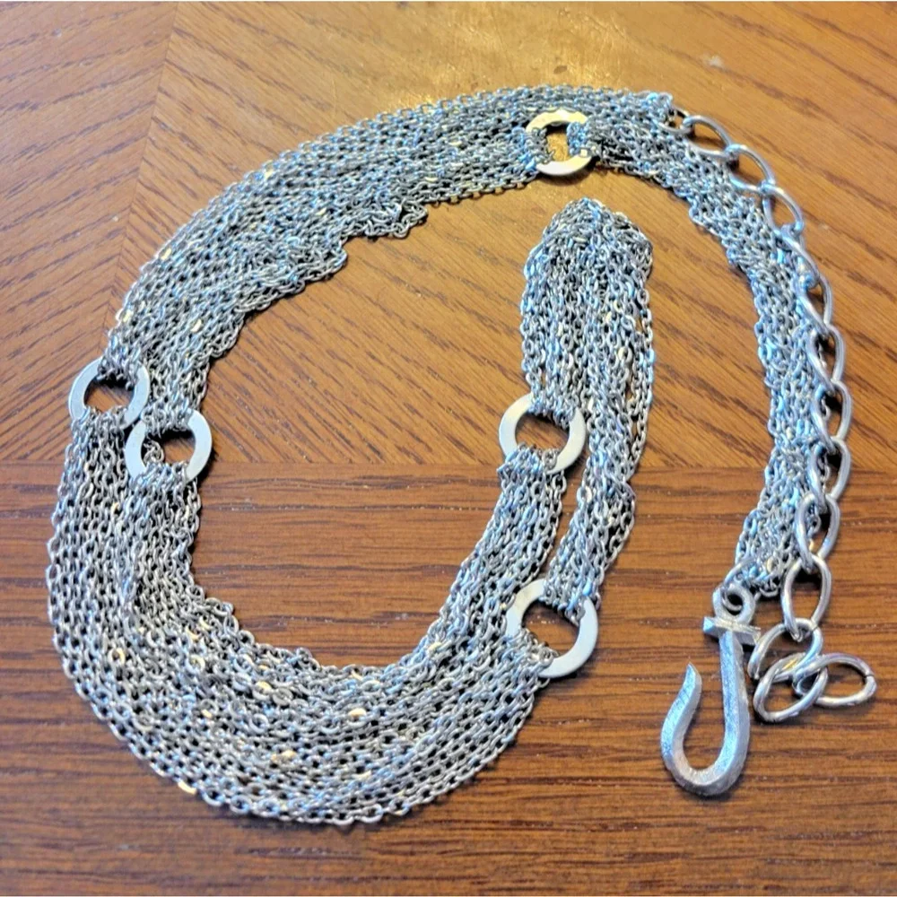 Vtg Necklace Silver Tone Multi-Strand‎ Adjustable Chain Link Fashion Jewelry
